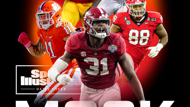 A collage with photos of Jordan Addison, Will Anderson Jr., Bijan Robinson, Bryan Bresee and Jalen Carter